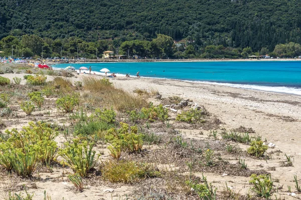 Panoramautsikt Över Girapetra Beach Med Blått Vatten Lefkada Joniska Öarna — Stockfoto