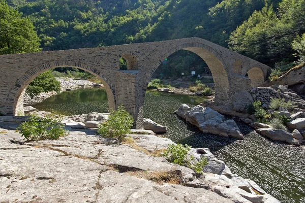 Incroyable Reflet Pont Diable Dans Rivière Arda Montagne Rhodopes Région — Photo
