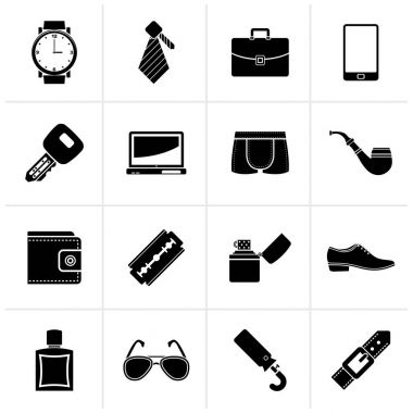 Siyah erkek giyim ve aksesuarları simgeler vektör Icon set