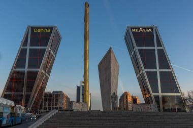 MADRID, SPAIN - JANUARY 23, 2018:  Gate of Europe (KIO Towers) at Paseo de la Castellana street in City of Madrid, Spain clipart