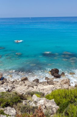 Agios Ioannis Beach mavi suları, Lefkada, Ionian Islands, Yunanistan ile panoramik