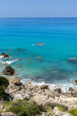 Agios Ioannis Beach mavi suları, Lefkada, Ionian Islands, Yunanistan ile panoramik