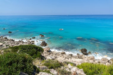 Agios Ioannis Beach mavi suları, Lefkada, Ionian Islands, Yunanistan ile panoramik