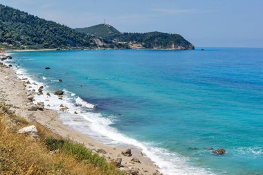 Agios Ioannis Beach mavi suları, Lefkada, Ionian Islands, Yunanistan ile panoramik