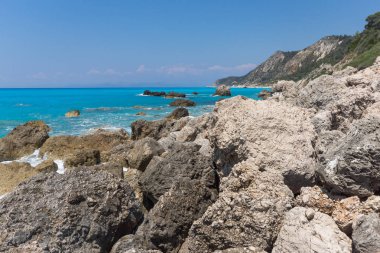 Megali Petra Beach, Lefkada, Ionian Islands, Yunanistan mavi sularına manzara şaşırtıcı