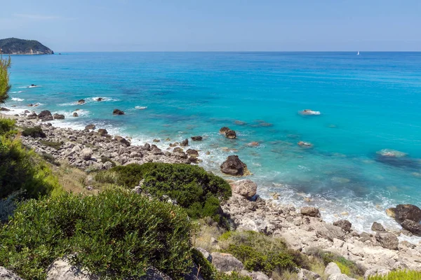 Panoramatický Pohled Pláž Agios Nikitas Modré Vody Lefkada Jónské Ostrovy — Stock fotografie