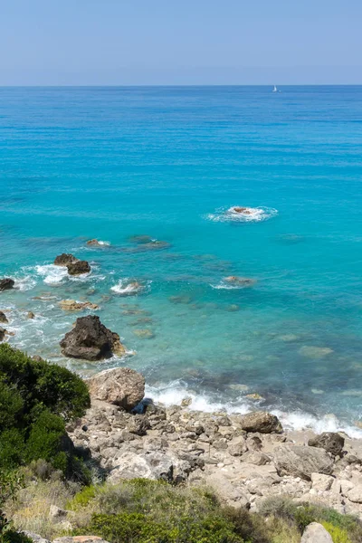 Vue Panoramique Plage Agios Nikitas Avec Eaux Bleues Leucade Îles — Photo