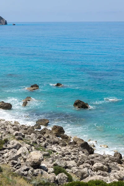 Panoramiczny Widok Plaży Miejscowości Agios Nikitas Błękitnych Wód Lefkada Wyspy — Zdjęcie stockowe