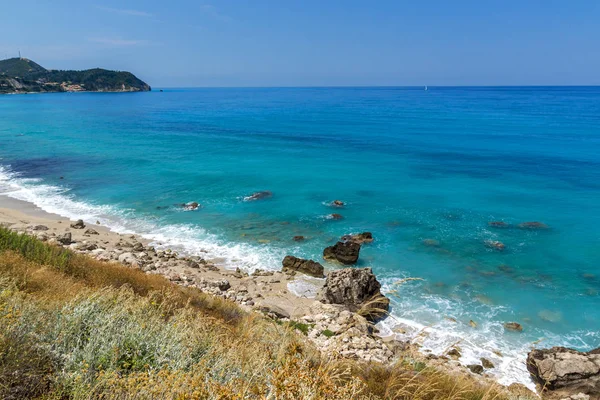Vue Panoramique Plage Agios Nikitas Avec Eaux Bleues Leucade Îles — Photo