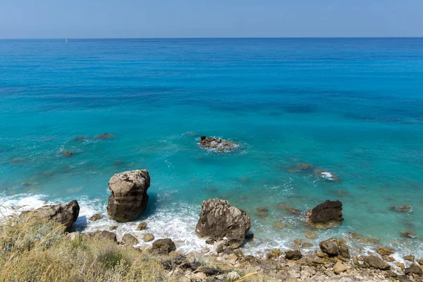 Panoramiczny Widok Plaży Miejscowości Agios Nikitas Błękitnych Wód Lefkada Wyspy — Zdjęcie stockowe