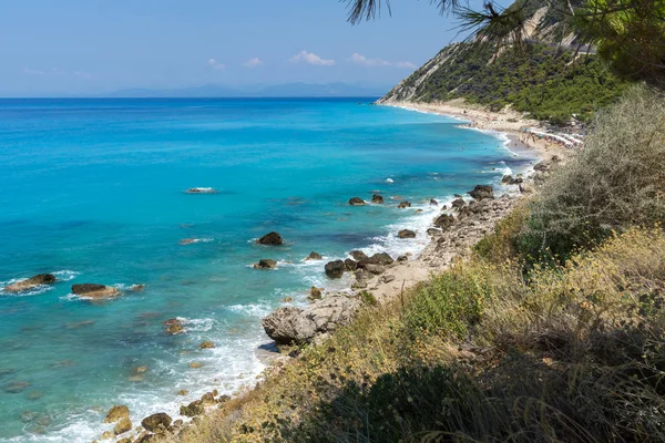 Panoramiczny Widok Plaży Miejscowości Agios Nikitas Błękitnych Wód Lefkada Wyspy — Zdjęcie stockowe