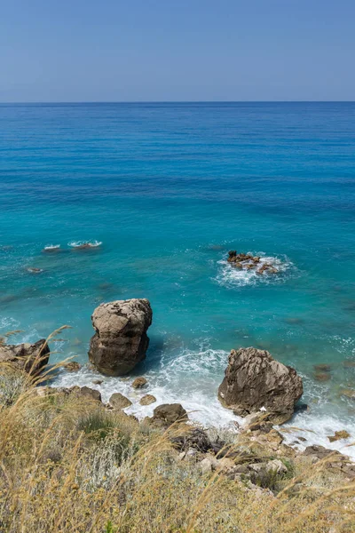 Панорамним Видом Пляж Агіос Нікітас Блакитними Водами Острові Лефкас Іонічні — стокове фото