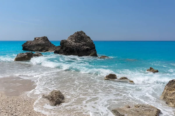 Úžasná Krajina Modrých Vod Pláže Megali Petra Lefkada Jónské Ostrovy — Stock fotografie