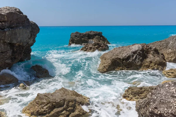 Úžasná Krajina Modrých Vod Pláže Megali Petra Lefkada Jónské Ostrovy — Stock fotografie