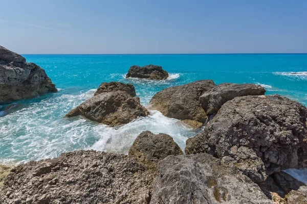 Megali Petra Beach Lefkada Ionian Islands Yunanistan Mavi Sularına Manzara — Stok fotoğraf