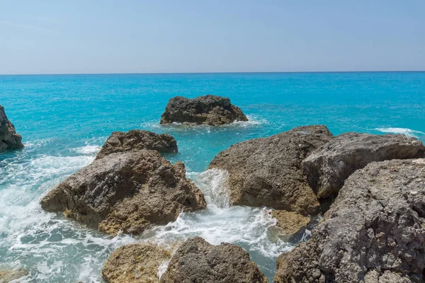 Paysage Étonnant Des Eaux Bleues Plage Megali Petra Leucade Îles — Photo