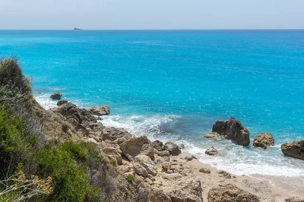 Paysage Étonnant Des Eaux Bleues Plage Megali Petra Leucade Îles — Photo