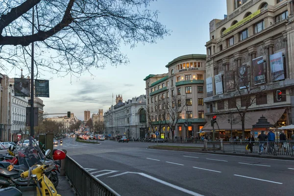 Madrid España Enero 2018 Vista Del Atardecer Calle Alcalá Ciudad — Foto de Stock