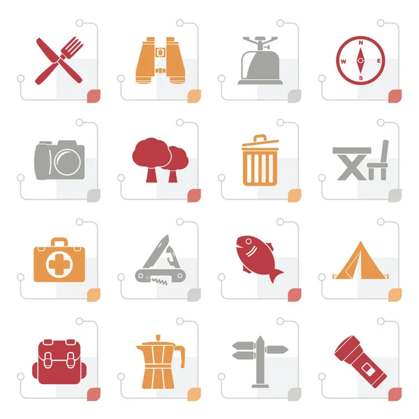 Gestileerde Camping Toerisme Reizen Pictogrammen Vector Icon Set — Stockvector