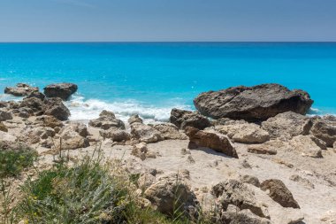 Megali Petra Beach, Lefkada, Ionian Islands, Yunanistan mavi suların deniz manzarası inanılmaz