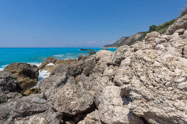 Niesamowite Seascape Błękitnych Wód Plaży Megali Petra Lefkada Wyspy Jońskie — Zdjęcie stockowe