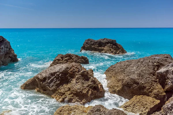 Niesamowite Seascape Błękitnych Wód Plaży Megali Petra Lefkada Wyspy Jońskie — Zdjęcie stockowe