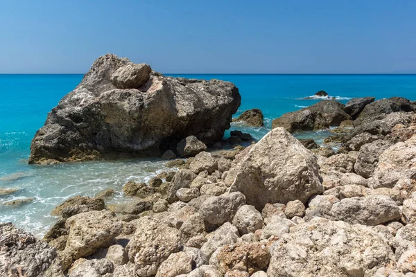 Úžasná Krajina Modrých Vod Pláže Megali Petra Lefkada Jónské Ostrovy — Stock fotografie