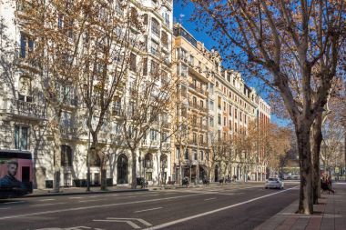 MADRID, SPAIN - JANUARY 21, 2018: Buildings at Paseo de la Castellana street in City of Madrid, Spain clipart