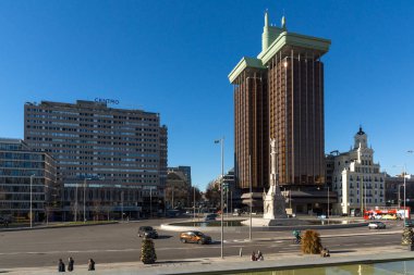MADRID, SPAIN - JANUARY 21, 2018: Monument to Columbus and Columbus towers at Plaza de Colon in City of Madrid, Spain clipart