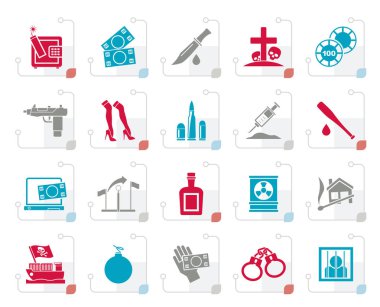 Stilize mafya, Gangster ve organize suç faaliyet simgeleri - vektör Icon set