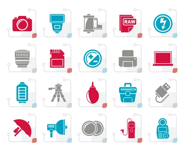 Gestileerde Camera Apparatuur Fotografie Pictogrammen Vector Icon Set — Stockvector