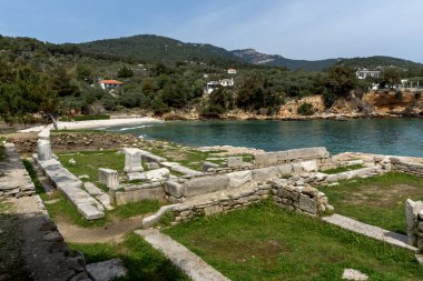 İnanılmaz arkeolojik Aliki, Thassos Adası, Doğu Makedonya ve Trakya, Yunanistan harabelerde görünümünü