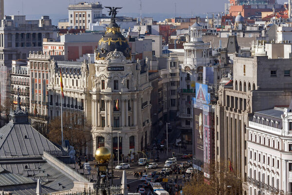 MADRID, SPAIN - JANUARY 24, 2018: Panoramic view of city of Madrid from Cybele Palace (Palacio de Cibeles), Spain