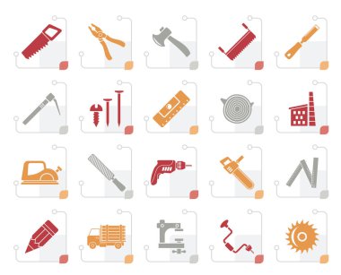 Stilize marangozluk, günlüğe kaydetme ve ağaç işleme simgeler - vektör Icon set