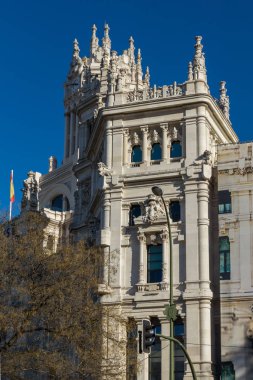 Madrid, İspanya - 21 Ocak 2018: Palace Cibeles Cibeles Meydanı Madrid şehir, İspanya