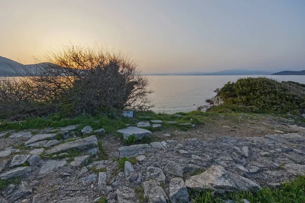 Vista Sul Tramonto Sulla Costa Vicino Alla Città Thassos Macedonia — Foto Stock