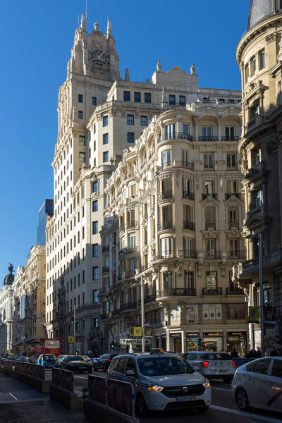MADRID, SPAIN - JANUARY 21, 2018: Telefonica Building (Edificio Telefonica) at Gran Va street in City of Madrid, Spain
