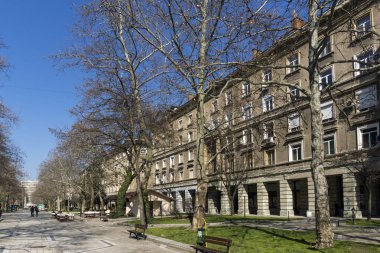 Dimitrovgrad, Bulgaristan - 15 Mart 2014: Tipik sokak ve binaya Dimitrovgrad şehir, Bölge: Haskovo, Bulgaria