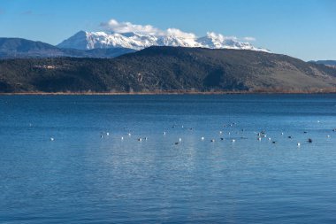 İnanılmaz Lake Pamvotida panoramik manzara ve Pindus dağdan Yanya şehir, Epirus, Yunanistan