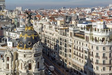 Madrid, İspanya - 24 Ocak 2018: Panoramik şehir Madrid Circulo de Bellas Artes, İspanya'dan