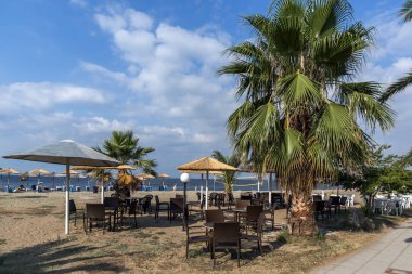 Chalkidiki, orta Makedonya, Yunanistan - 25 Ağustos 2014: Deniz manzarası, Gerakini kumsalda Sithonia Yarımadası, Chalkidiki, orta Makedonya, Yunanistan
