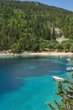 Yeşil orman Foki Fiskardo Beach, Kefalonia, Ionian Islands, Yunanistan etrafında peyzaj