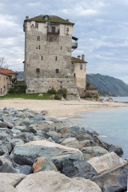 Ortaçağ kulesinde Ouranopoli, Athos, Chalkidiki, orta Makedonya, Yunanistan