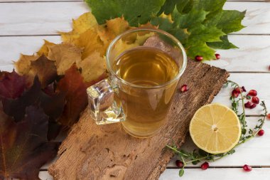 Farklı renkte sonbahar yapraklarının üzerine bir fincan çay.