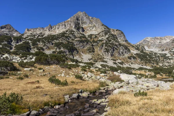 Kleiner Gebirgsfluss und Dzhengal-Gipfel, Pirin, Bulgarien — Stockfoto