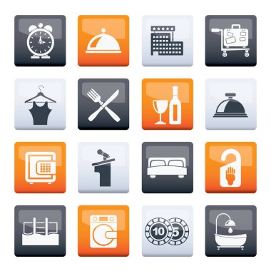 Renk arkaplanı üzerinde otel ve motel simgeleri - Vektör simgesi