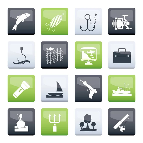 Fischereiindustrie Symbole Über Farbigem Hintergrund Vektor Icon Set — Stockvektor