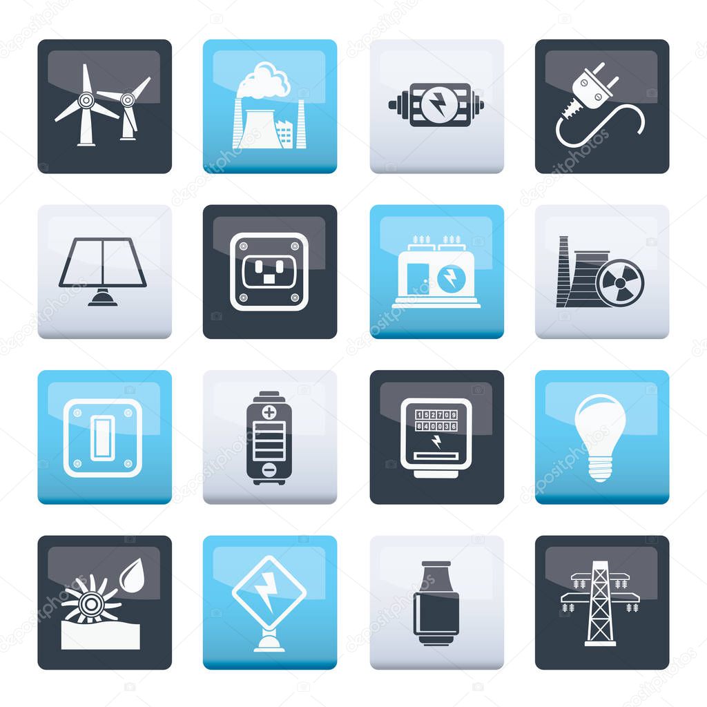 electricity, power and energy icons over color background - vector icon set