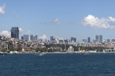 ISTANBUL, TURKEY - JULY 27, 2019: Panoramic view from Bosporus to European part of city of Istanbul, Turkey