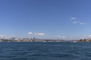 ISTANBUL, TURKEY - JULY 27, 2019: Panoramic view from Bosporus to European part of city of Istanbul, Turkey